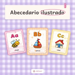 Abecedario ilustrado: tarjetas Aa, Bb y Cc con dibujos