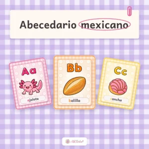 Abecedario mexicano: tarjetas de ajolote, bolillo y concha